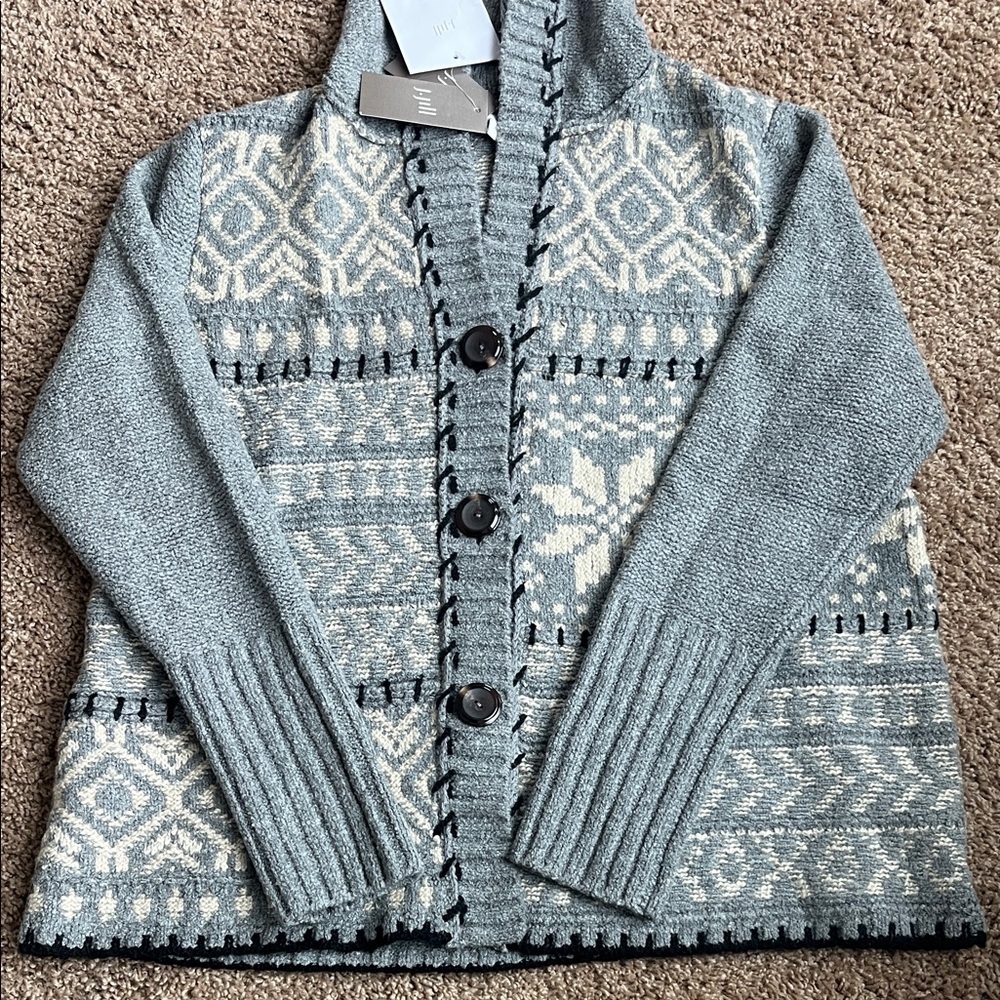 NWT J. Jill Gray Patterned Hooded Cardigan Size Small - Picture 2 of 8